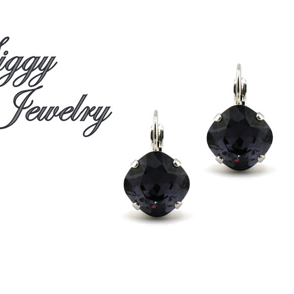Graphite Earrings Made with 12mm Cushion Cut Genuine Austrian Crystals - Picture 1 of 7